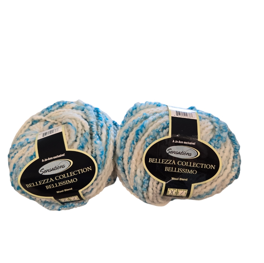 Sensations Bellezza Bellissimo Wool Yarn. 2 skeins. 1.75 oz. Turq & Cream